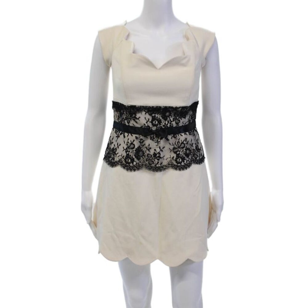 Roland Nivelais Womens Silk Scalloped Hem Lace Accent Dress Beige Size 8